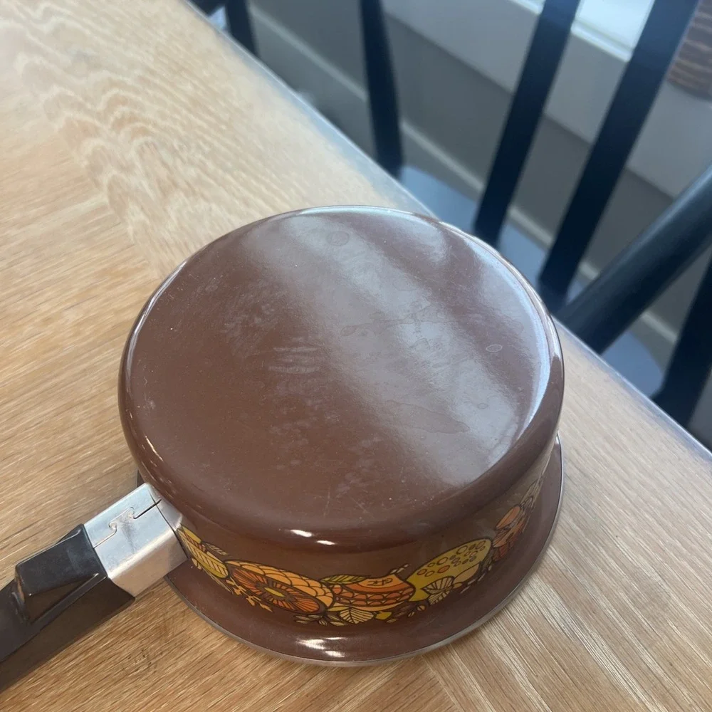 Vintage 70's Retro MUSHROOM Brown Orange Yellow‎ Enamelware Saucepan